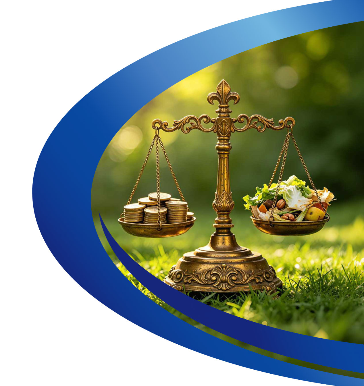 A balance scale weighing coins against food waste